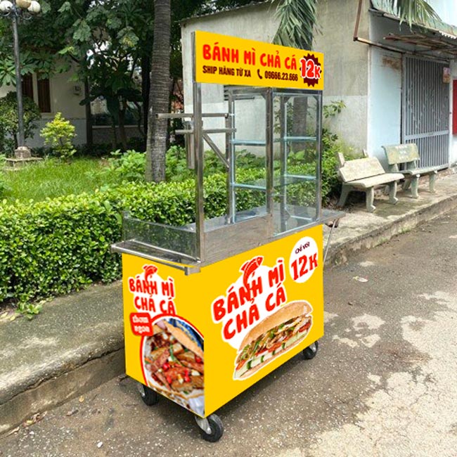 Khung xe bánh mì chả cá 1m inox