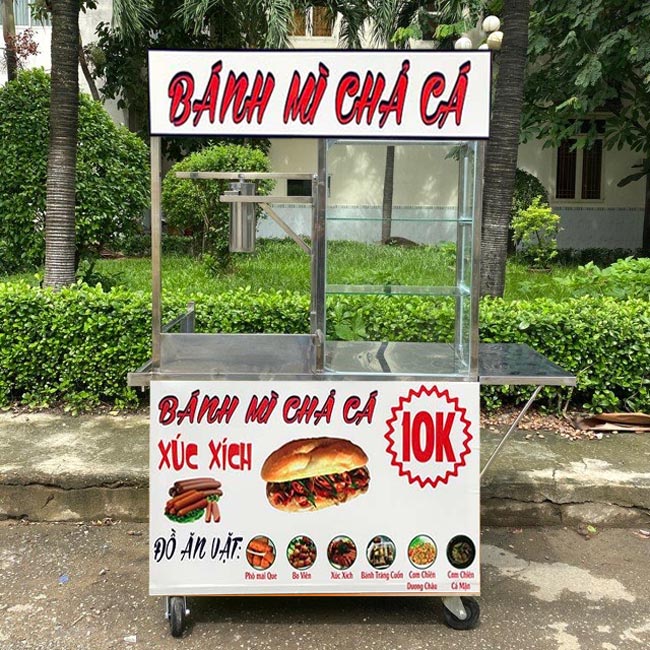 Xe đẩy bánh mì chả cá 1m decal trắng